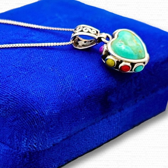 SOLD - Sterling Silver Turquoise Heart Pendant Necklace Reversible Boho Jewelry - Picture 5 of 7